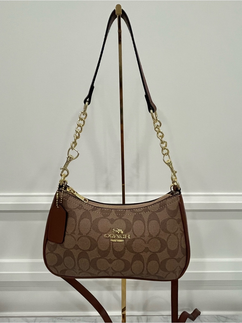 Coach Brown Signature Canvas Shoulder Bag with Gold Hardware
